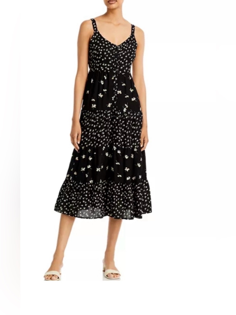 Patrons of Peace Black Tiered Midi Dress with White Floral Print Size Small